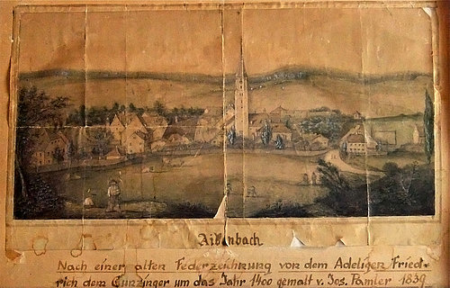 Ansicht von Aidenbach mit Kirchturm und Ort im Tal gelegen, mit Bildunterschrift: Nach einer alten Federzeichnung von Friedrich dem Gunzinger um das Jahr 1400 gemalt v. Jos. Pamler  