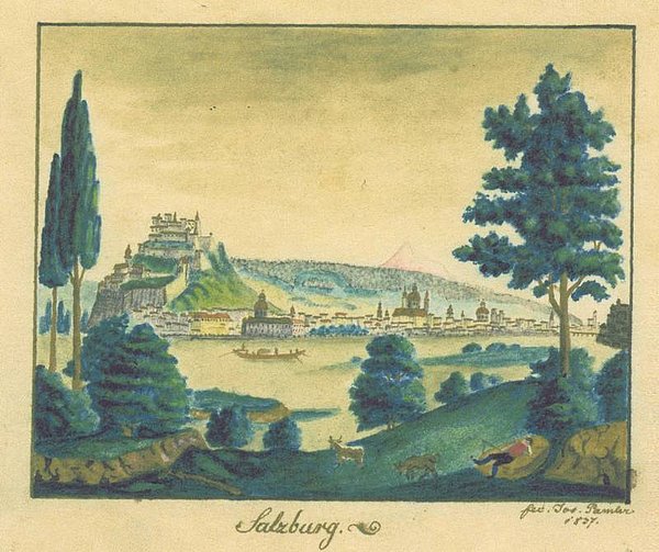 Zeichnung von Salzburg von Joseph Pamler von 1837 mit Wald im Vordergrund, der Stadt im Tal mit der Salzach und dahinter der Salzberg  