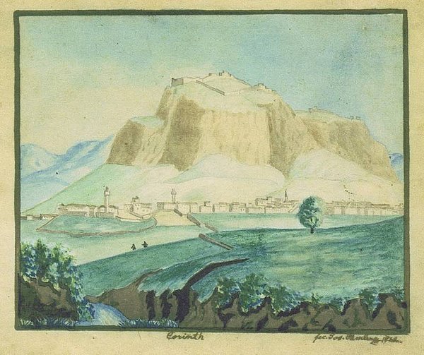 Zeichnung von Corinth mit dem Peloponnes von Joseph Pamler aus dem Jahre 1837 mit Hügeln und der Stadt im Vordergrund un dem Peloponnes im Hintergrund  