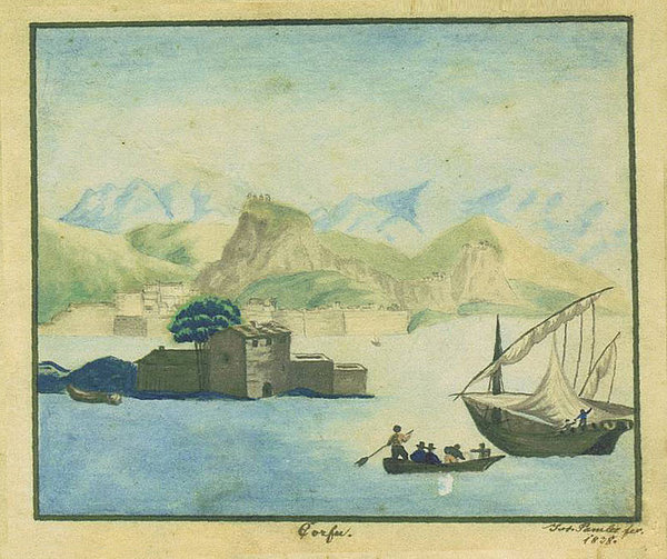 Zeichnung der Insel Corfu (Korfu, Griechenland) von Joseph Pamler aus dem Jahre 1838 mit einer Bucht mit Booten im Vordergrund und einem Ort und einer Bergkette im Hintergrund  
